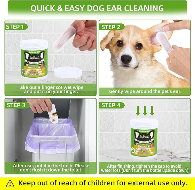 Ear Cleaner Finger Wipes, Dog and Cats Ear Cleaner 60 Counts, Dog Ear Wipes Reduce Earwax Buildup, Grooming Kit Care for Dogs and Cats, Dog Supplies Ear Cleaner Wipes Remove Dirt & Non-Irritating