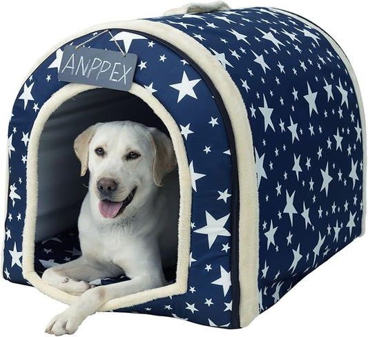 ANPPEX Dog House Indoor,2 in 1 Washable Covered Dog Bed,Insulated Cozy Dog Igloo Cave,2XL Size for Large Dogs,Blue