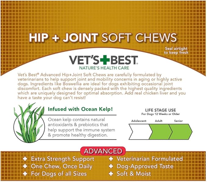 Vet's Best Hip & Joint Soft Chew Dog Supplements | Formulated with Glucosamine & Chondroitin to Support Dog Joint & Cartilage Health | 30 Day Supply