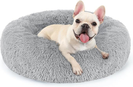 rabbitgoo Calming Dog Bed for Small Dog, 27 inches Pet Bed Washable, Fluffy Round Bed, Non-Slip Plush Large Cat Bed, Soft Cushion for Puppy, Light Grey