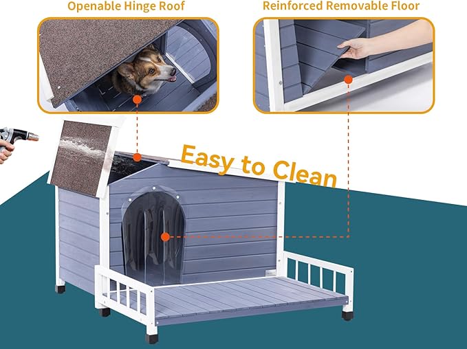 Petsfit Large Dog House with Terrace & Openable Asphalt Roof, 45" L x 54" W x33 H, XL Dog House Outdoor with Elevated Floor, Window & Door Flap, Outdoor Dog House for Large Dogs