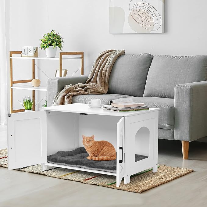 Cat Litter Box Enclosure,Litter Box Furniture Hidden with Barn Door,Wooden Cat Washroom Furniture,Cat House,Fit Most of Litter Box,White