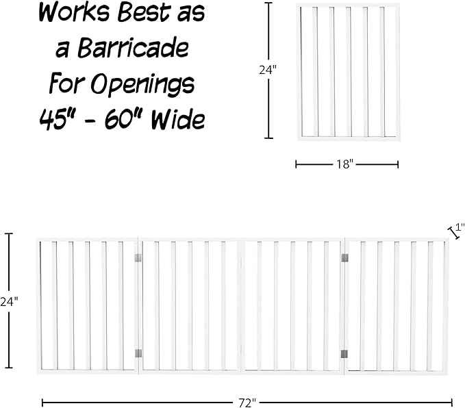 Pet Gate - 4-Panel Indoor Foldable Dog Fence for Stairs, Hallways or Doorways - 72x24-Inch Retractable Wood Freestanding Dog Gates by PETMAKER (White)