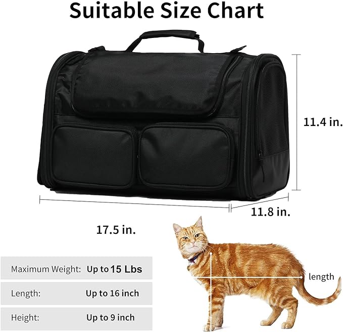 FUKUMARU Cat Carrier, 4 Mesh Windows Small Dog Carrier, 4 Storage Pockets Cat Travel Bag, Under 15 lb Airline Approved Pet Carrier, Rollable Cover for Nervous Cats, Black