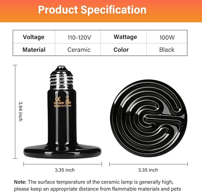 HealSmart Reptile Heat Lamp Bulb Ceramic Heat Emitter 100W No Light Emitting Brooder Coop Heater for Amphibian Pet & Incubating Chicken, Black