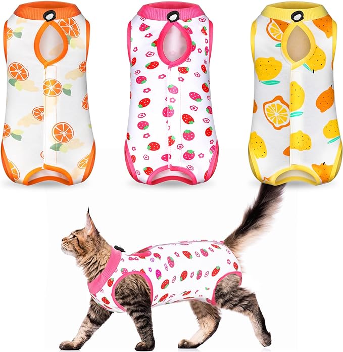 3 Pieces Cat Recovery Suit Kitten Recovery Suit E-Collar Alternative for Cats and Dogs Abdominal Skin Anti Licking Pajama Suit (Fruit Pattern, Small)