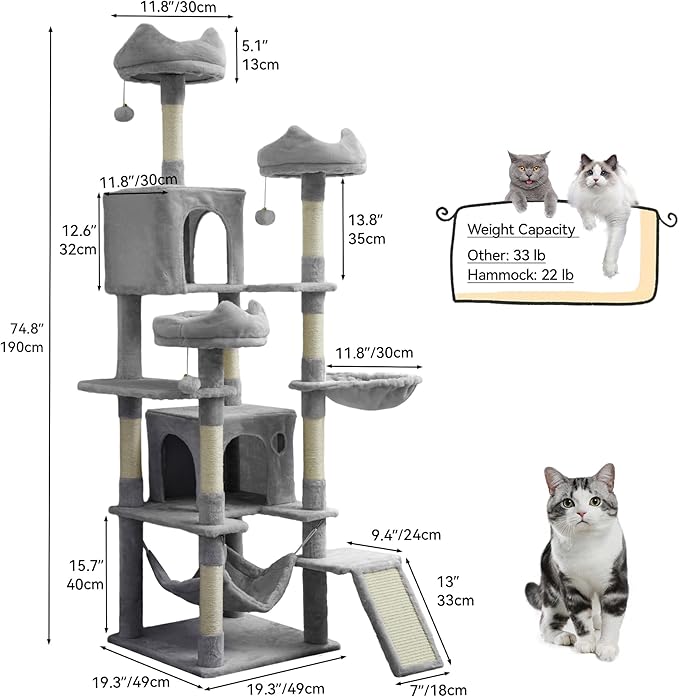 YITAHOME Cat Tree Tower for Indoor Cats, 75 inches Tall Multi-Level Cat Climbing Tower with Cat Condos, Cozy Plush Perches, Hammocks, Scratching Posts Board, Large Cat Activity Center, Light Gray