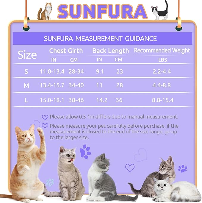 SUNFURA Cat Recovery Suit, Kitten Surgical Full Bodysuit for Abdominal Wound Protector Anti Licking After Surgery, Professional Bandages Cone E-Collar Alternative for Small Male & Female Pets