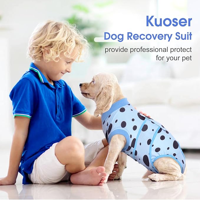 Kuoser Recovery Suit for Dogs, Soft Breathable Dog Recovery Suit Female Male Dog Onesie Alternative to Cone E-Collar, Dog Body Suits After Surgery, Pet Abdominal Anti Licking Shirt, Blue S