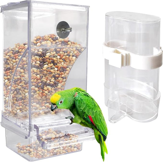 kathson No Mess Bird Feeder Water Dispenser Set,Automatic Parakeet Feeders Drinker Cage Acrylic Parrot Seed Food Dispenser Container Accessories for Small Lovebirds Canary Budgies Finch Squirrel(2Pcs)