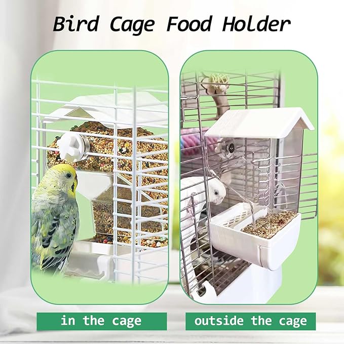 Automatic Bird Feeder for Cage 5Pcs No Mess Parrot Feeder Transparent Acrylic Seed Food Container Cage Accessories with Ball Toy for Small and Medium Parakeets Lovebirds (White)