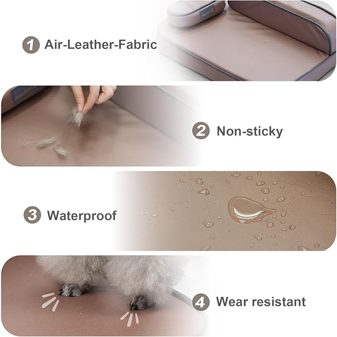 Dog Bed for Small Dogs, Easy Clean Dog Sofa Air-Leather-Fabric Pet Bed, Stain & Waterproof Dog Bed with Memory Foam & Washable Cover, with Pillow & Side Cushion, Brown, S Size