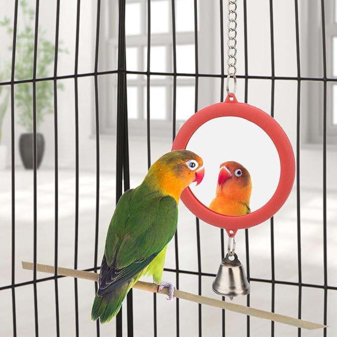 Pet Bird Mirror with Bell Interactive Parrot Toy Bird Cage Mirror for Cockatiel Parakeets Canaries Budgie (RED)