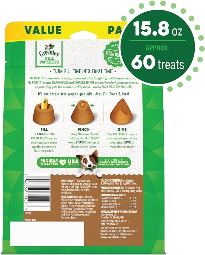 Greenies Pill Pockets for Dogs Capsule Size Natural Soft Dog Treats with Real Peanut Butter, 15.8 oz. Pack (60 Treats)