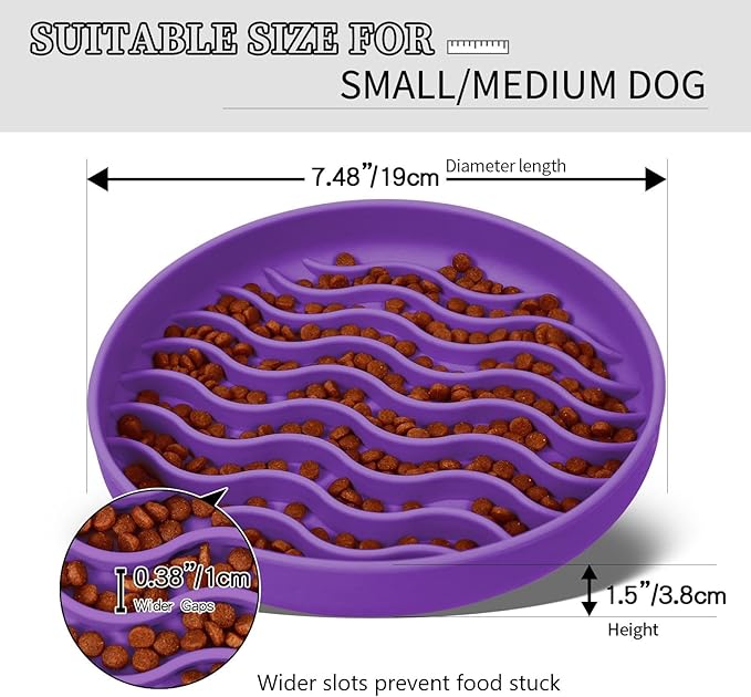 Slow Feeder Dog Bowls, Silicone Food Bowl Anti-Gulping, Pets Puppy Slow Feeder with Suction Cups, Dishwasher Microwave Safe for All Small Medium Dogs, Wave Design Purple