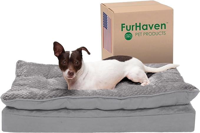 Furhaven Orthopedic Dog Bed for Medium/Small Dogs w/ Pillow Cushion Top & Removable Washable Cover, For Dogs Up to 35 lbs - Minky Plush & Suede Pillow Top Mattress - Titanium Gray, Medium