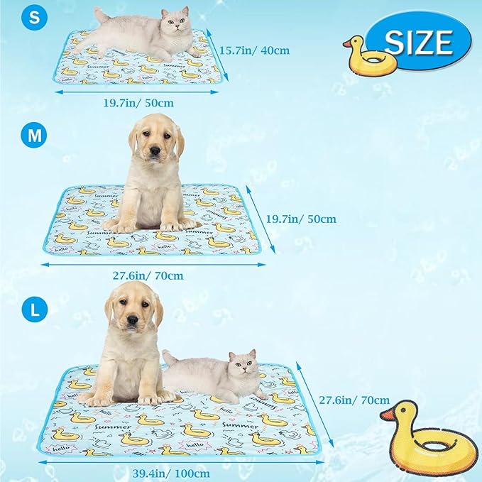 BAMY Cat Cooling Mat Summer Dog Silk Pad Self Cooling Cushion Washable Kitten Ice Blanket with Duck Strawberry Pattern (Blue Duck, L (39.4"x27.6"))