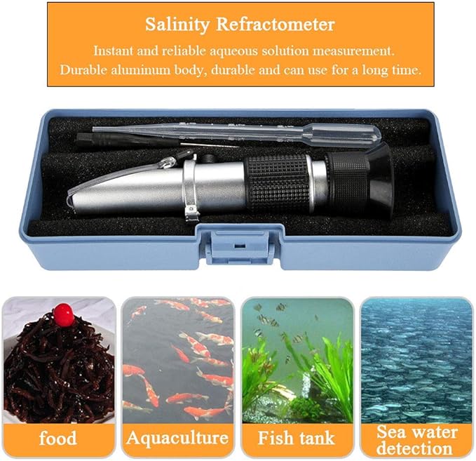 Salinity Refractometer, Automatic Temperature Compensation Salt Water Tester Hydrometer 0-100ppt & 1.000-1.070 Specific Gravity ATC Refractometer for Sea Water Aquarium Tank, Marine Industry