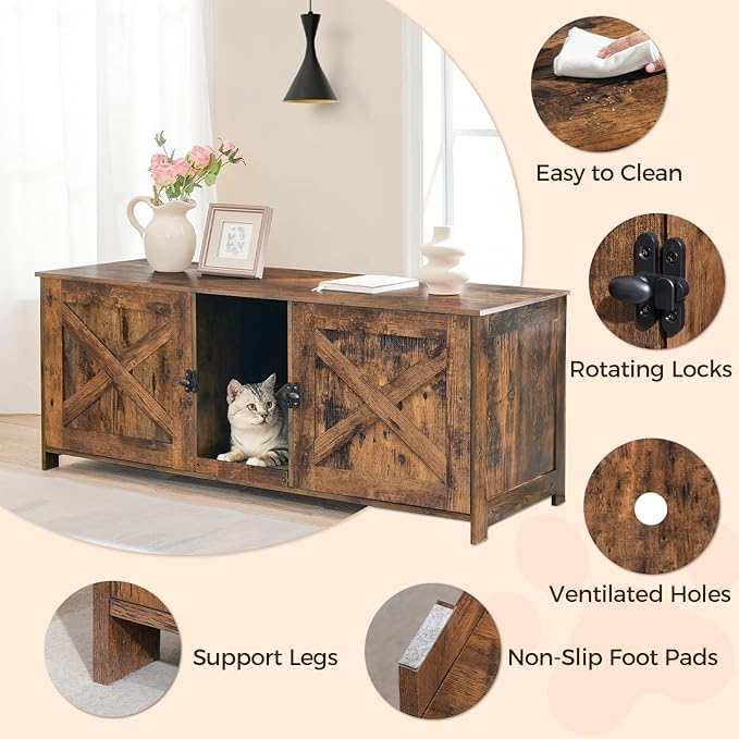 Cat Litter Box Enclosure for 2 Cats, 47.2" Hidden Cat Litter Box Furniture with Double Room, Wooden Cat Washroom with Scratching Board, Indoor Cat House End Table, Rustic Brown CWHR1201