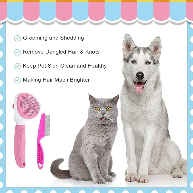 Cat Brushes for Indoor Cats, Dog Brush for Shedding with Metal Cat Comb, Self Cleaning Pet Hair Brush with Release Button for Grooming Kitten(Pink)