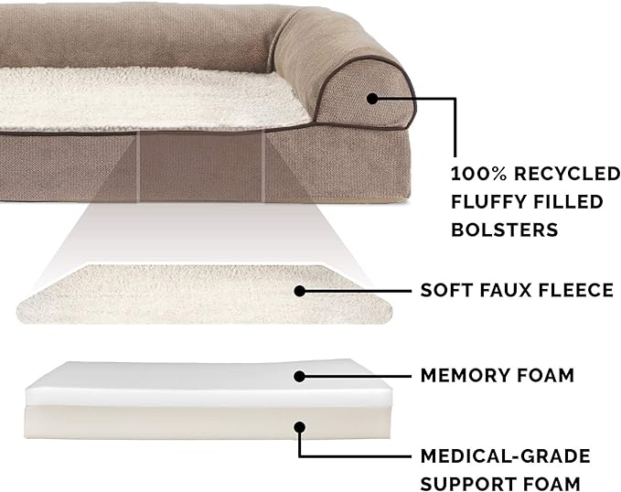 Furhaven Memory Foam Dog Bed for Large Dogs w/ Removable Bolsters & Washable Cover, For Dogs Up to 125 lbs - Sherpa & Chenille Sofa - Cream, Jumbo Plus/XXL