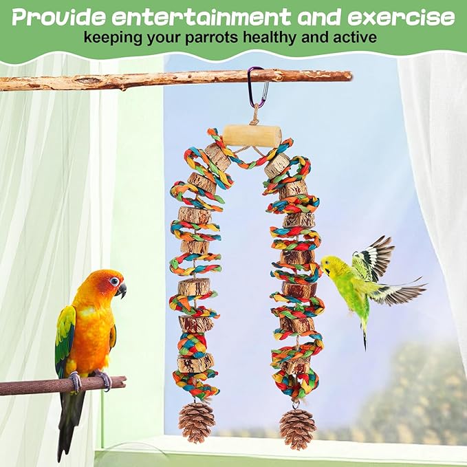 Bird Toys Parrot Toys - Bird Chewing Toy with Natural Starfruit Wood & Pine Cones for Small and Medium-Sized Parakeets Cockatiels Conures Lovebirds Cockatoos African Grey Amazon Parrots