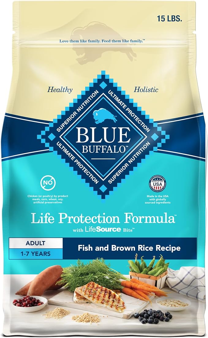 Blue Buffalo Life Protection Formula Adult Dry Dog Food, Helps Build and Maintain Strong Muscles, Made with Natural Ingredients, Fish & Brown Rice Recipe, 15-lb. Bag