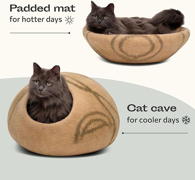 MEOWFIA Premium Felt Cat Bed Cave - Handmade 100% Merino Wool Bed for Cats and Kittens (Light Shades) (Medium, Beige)