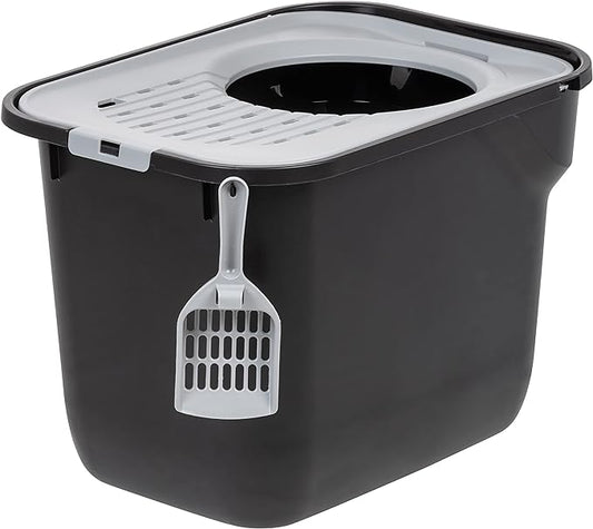 IRIS USA Rectangular Top Entry Cat Litter Box with Scoop, Large Cat Litter Box Enclosure, Kitty Litter Box, Black/Gray