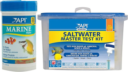 API Marine Bundle Pack: One (1) API SALTWATER MASTER TEST KIT, one (1) API MARINE FLAKES Fish Food