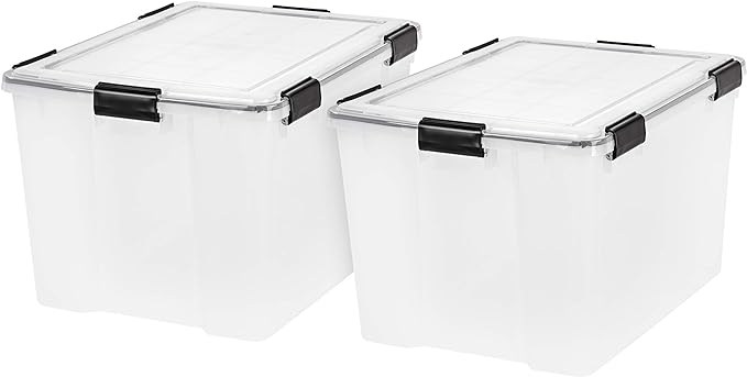 IRIS USA 74 Qt Storage Box with Gasket Seal Lid, 2 Pack - BPA-Free, Made in USA - Heavy Duty Moving Containers with Tight Latch, Weather Proof Tote Bin, WEATHERPRO - Clear/Black