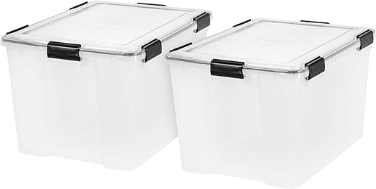 IRIS USA 74 Qt Storage Box with Gasket Seal Lid, 2 Pack - BPA-Free, Made in USA - Heavy Duty Moving Containers with Tight Latch, Weather Proof Tote Bin, WEATHERPRO - Clear/Black