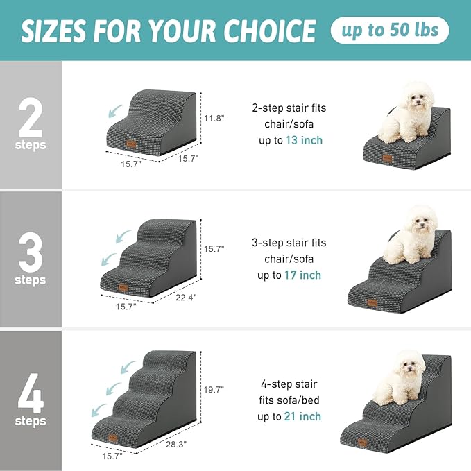 Dog Stairs for Couch or Low Bed, Small Dogs Ramp with Leakproof Cover, Foam Pet Steps for Cat and Sofa, Lightweight, Non-Slip, Durable, Comfort, 15.7x22.4x15.7in, Dark Grey, 3 Tiers