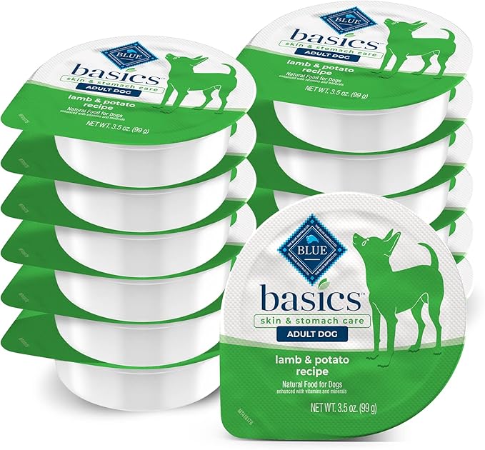 Blue Buffalo Basics Adult Small Breed Grain-Free Wet Dog Food for Skin & Stomach Care, Limited Ingredient Diet, Lamb Recipe, 3.5-oz. Cups (12 Count)