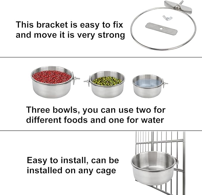 Bird Feeding Dish Cups 3 Pack Parrot Food Bowl Cage with Clamp Holder Stainless Steel Birdcage Coop Water Feeder for Cockatiel Conure Budgies Parakeet Macaw Finches Lovebirds Small Animal
