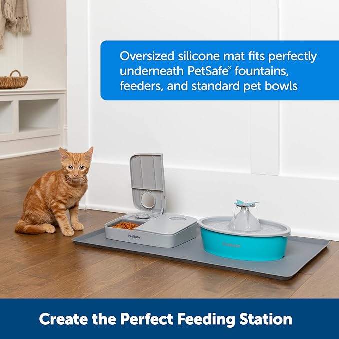 PetSafe Fountain and Feeder Mat, for Dogs and Cats, Silicone Food and Water Placemat, 26 in X 16 in, Waterproof, Dishwasher Safe, Pet Food Mat with Lip