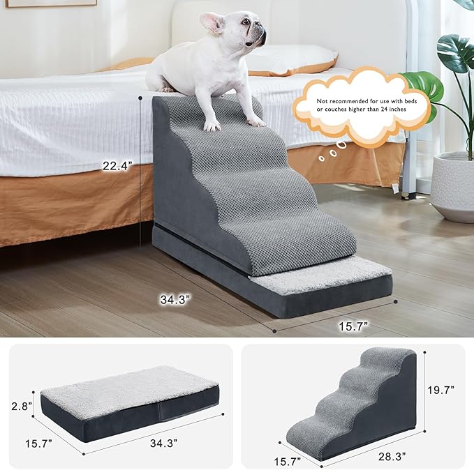 Ryoizen Dog Stairs with dog beds for Small Dogs, Dog Steps for High Bed Couch up to 23'', Waterproof Washable Memory Foam Dog Crate Bed, Detachable Non-Slip Dog Bed Furniture for Puppy and Cats