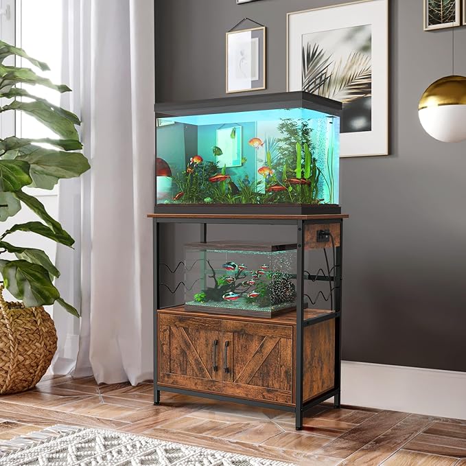 Snughome Aquarium Stand, Fish Tank Stand with Cabinet for Fish Tank Accessories Storage, Metal Fish Tank Stand 29.92" x 16.53" x 32.87", Rustic Brown