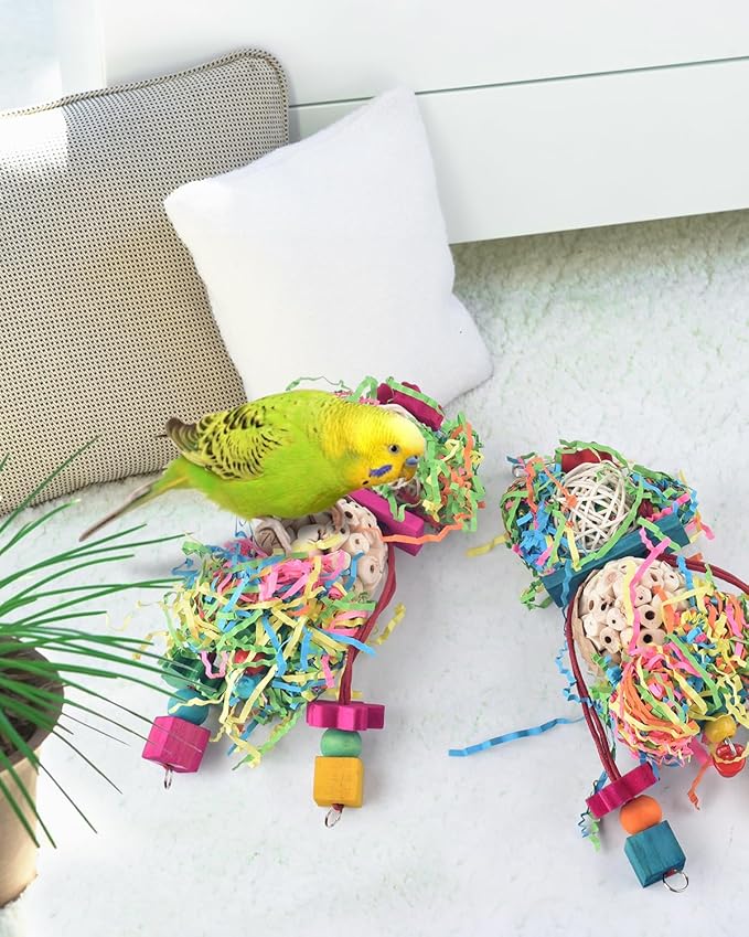 Bissap Conure Toys, 2PCS Bird Parrot Foraging Shredder Hanging Toys Sola Balls Sepak Takraw with Pacifier for Small Parrots Parakeets Conures Cockatiels Love Birds Cage Toy