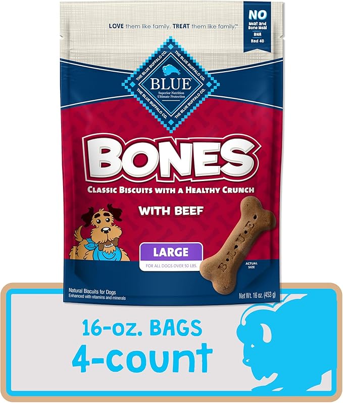 Blue Buffalo Bones Natural Crunchy Dog Treats, Large Dog Biscuits, Beef (16-oz bag, 4 count)