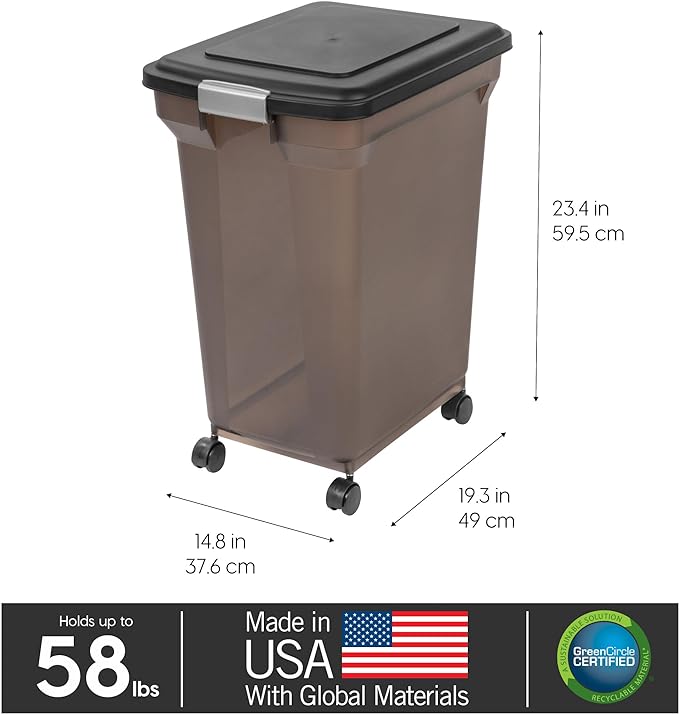 IRIS USA WeatherPro Airtight Dog Food Storage Container, Up to 58 lbs, Attachable Wheels, For Dog Cat Bird and Other Pet Food Storage Bin, Keep Fresh, Easy Mobility, BPA Free, Smoke