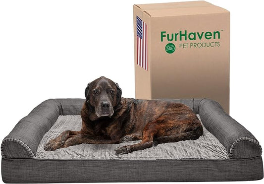 Furhaven Memory Foam Dog Bed for Large Dogs w/ Removable Bolsters & Washable Cover, For Dogs Up to 125 lbs - Luxe Faux Fur & Performance Linen Sofa - Charcoal, Jumbo Plus/XXL