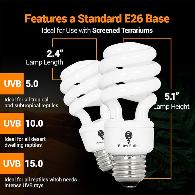 2 Pack 13-Watt Reptile Bulb Intense UVA UVB Light - 15.0 UVB Reptile Light Compact Florescent Terrarium Bulb Suitable for Desert Reptiles & Amphibians Promotes Natural Behavior CFL Bulb (13 Watt 15.0)