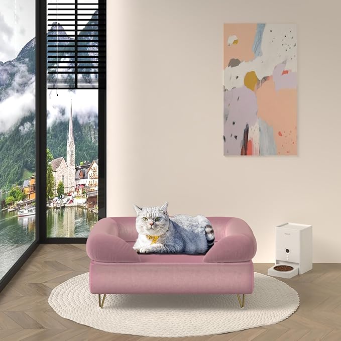 Dog Sofas and Chairs for Small Breeds,Dog Couch for Small Pet,Cat Sofa Chair with Soft Velvet Fabric,Wooden Frame Cat Bed,Pet Sofa Bed for Small Dog Rest Using,Pink