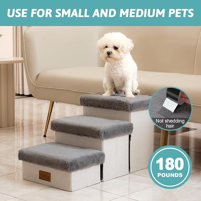 Dog Stairs for Couch with Storage 14" H, Small Dogs Foldable Ramp with Leakproof Fabric Cover, Cat Steps for Low Bed and Sofa, Lightweight, Comfort, 24.8x13x13.58in, Grey, 3 Tiers