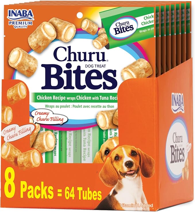 INABA Churu Bites for Dogs, Soft & Chewy Baked Chicken Wrapped Filled Dog Treats with Vitamin E, 0.42 Ounces Each Tube, 64 Tubes (8 per Pack), Chicken with Tuna Recipe