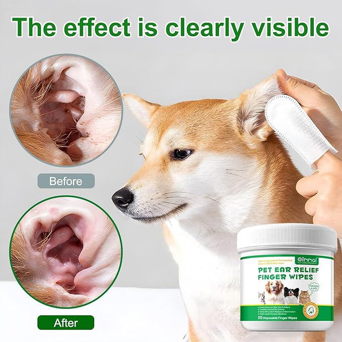 Ear Finger Wipes for Dogs & Cats-50 Pads Disposable Ear Wipes Biodegradable Remove Ear Wax, Debris-Sooths & Deodorizes-Relieve Ear Itching & Inflammation-Stops Head Shaking Dog Ear Cleaner