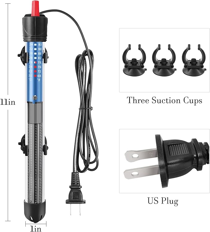 Hitop 25W/50W/100W/300W Adjustable Aquarium Heater, Submersible Glass Water Heater for 5 – 70 Gallon Fish Tank (300W)