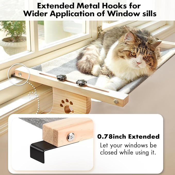 AMOSIJOY Cat Sill Window Perch Sturdy Cat Hammock Window Seat with Wood & Metal Frame for Large Cats, Easy to Adjust Cat Bed for Windowsill, Bedside, Drawer and Cabinet