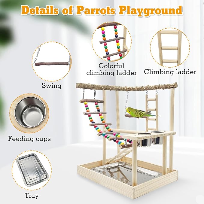 Hamiledyi Bird Playground Parrots Wood Perch Stand Cockatiel Playground Bird Play Gym Colours Climb Ladders Swing Chewing Toys with Parakeet Feeding Cups Exercise Activity Center for Lovebirds Conure